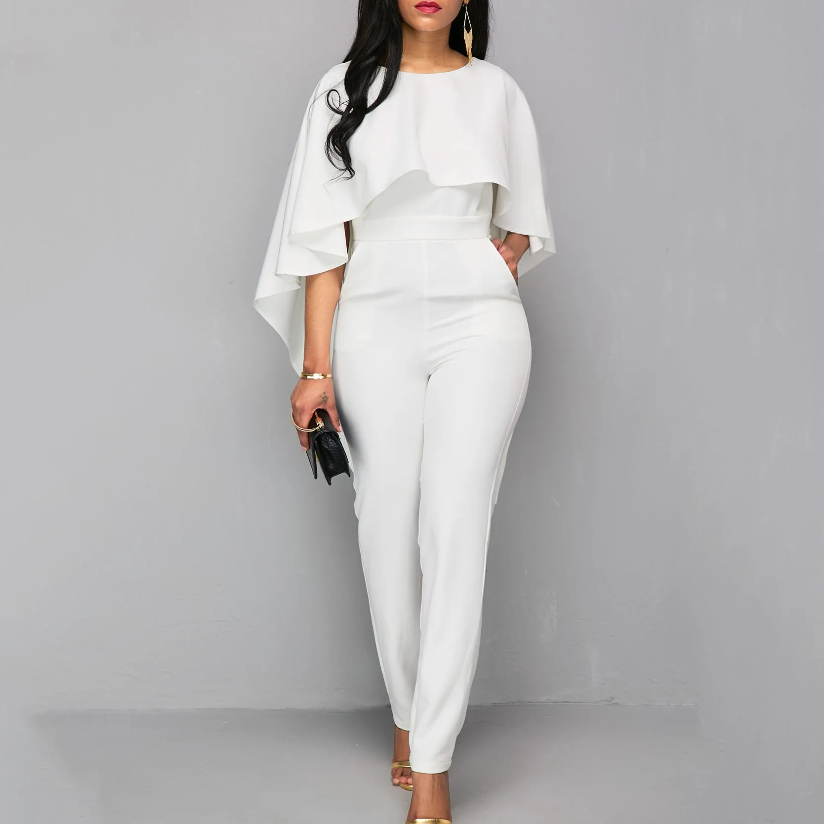 Lady White Elegant O-Neck Solid Cape Sleeve Jumpsuit Women Jumpsuits Boycon Slim Backless Jumpsuits Rompers Lady White Elegant O-Neck Solid Cape Sleeve Jumpsuit Women Jumpsuits Boycon Slim Backless Jumpsuits Rompers