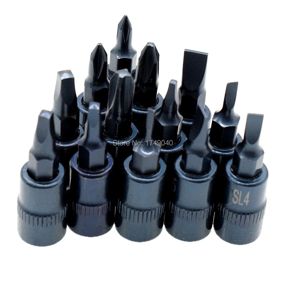 

13 Piece Bit Socket Tools 1/4" Square Drive Socket Bit Set Philips Slotted Square Screwdriver PH0 to PH3 SQ0 to SQ3 SL2 to SL6