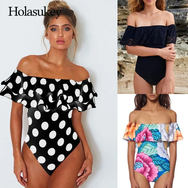 

HolaSukey Sexy 2019 Solid Bikini New One Piece Swimwear Women Ruffles Bikinis Set Print Women Swimsuit Monokini Dot Biquini