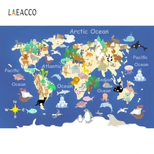 Laeacco World Map Cartoon Animals Distributed Photography Backgrounds Customized Photographic Backdrops For Photo Studio