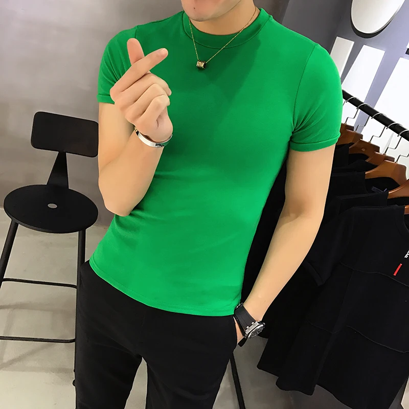 

New 6 Colors Streetwear Short Sleeve T-Shirt Men Slim Fit Camiseta Masculina Solid Color Bottom Mens T Shirts Tee Shirt Homme