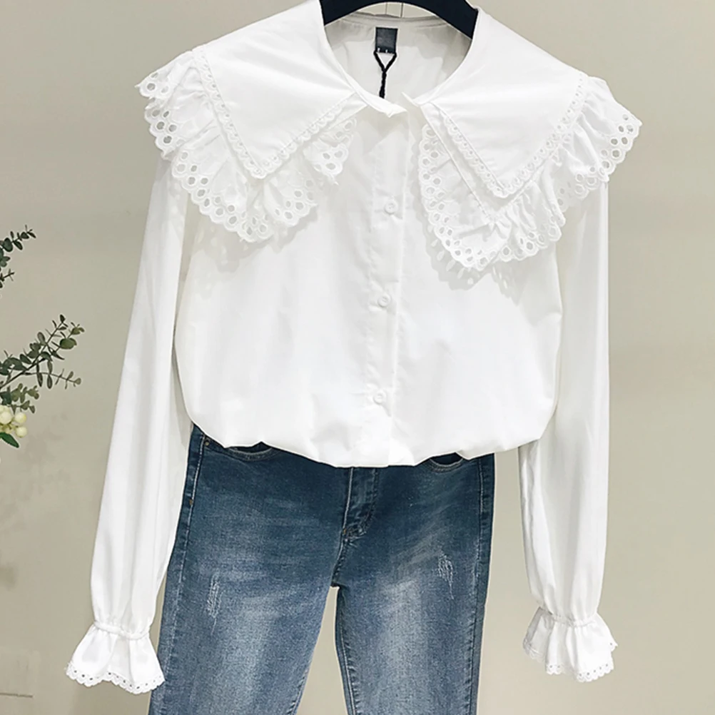 Sweet Lace Collar Blouses Women Long Sleeve Cotton White Shirts for ...