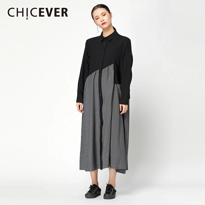 

CHICEVER Striped Women's Dress Female Lapel Long Sleeve Irregular Patchwork Loose Long Dresses For Women Oversize Fashion Tide