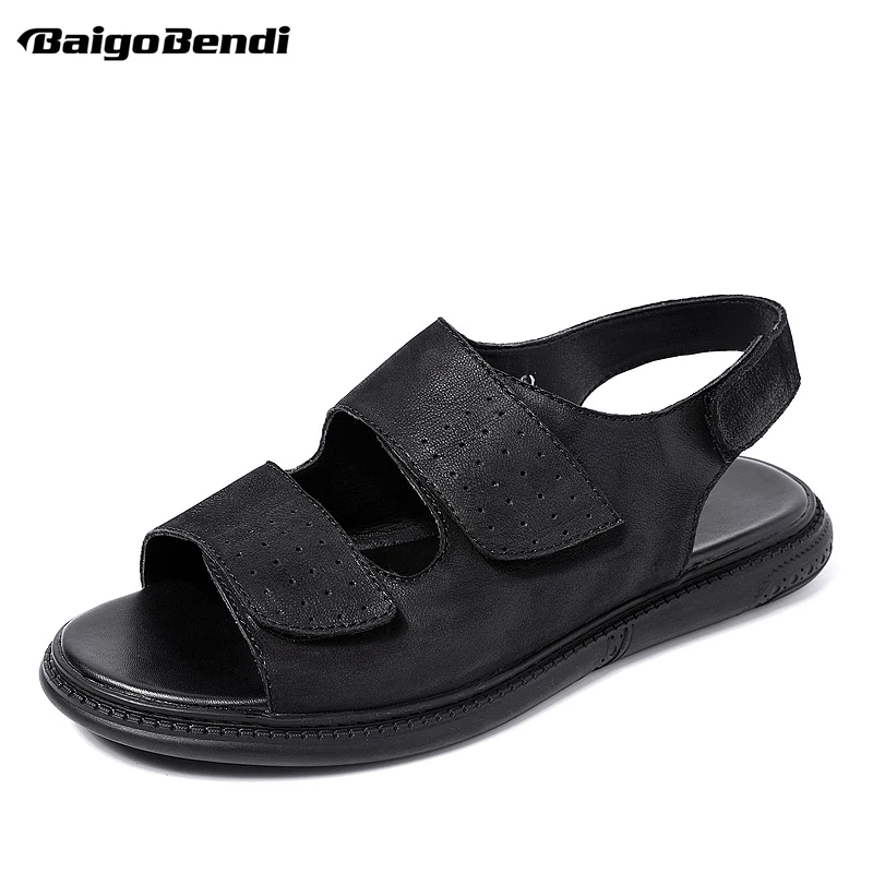 

Hook Loop Sandals Mens Genuine Leather Fashion Beach Shoes Rome Style Man Soft Slides Shoes Casual
