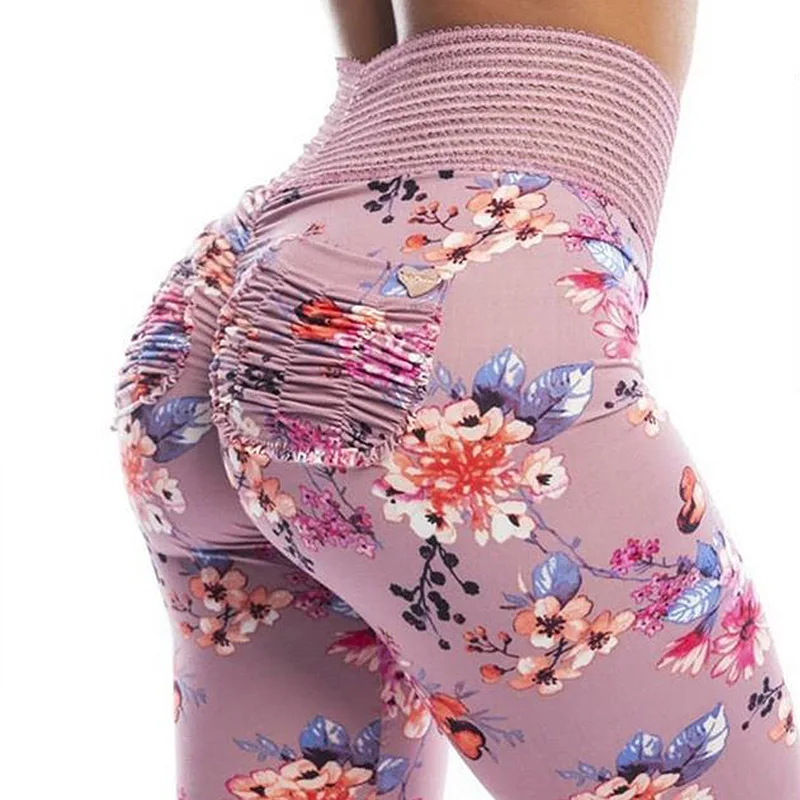 

Women High Waist Fitness Spandex Leggings Pink Fashion 2019 Female Push Up Floral Printed Pants Workout Leggings Plus Size