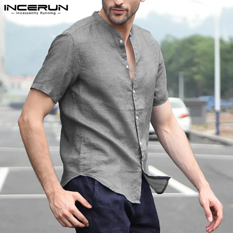 INCERUN модная однотонная мужская рубашка короткий рукав подставка с воротником Блузка Camisa мужская повседневная брендовая рубашка уличная 5XL