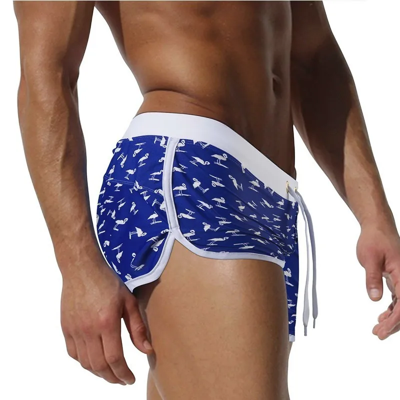 

New Men Swimwear Print Swimsuit Man Nylon Beach Shorts Back Pocket Swimming Shorts Breathable Beachwear Tied Swimming Trunks Men