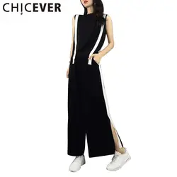 CHICEVER 2017 Summer Two Pieces Set Women Slim Sleeveless T shirts +Elastic Waist Split Sexy Casual  Plus Size Female Pants