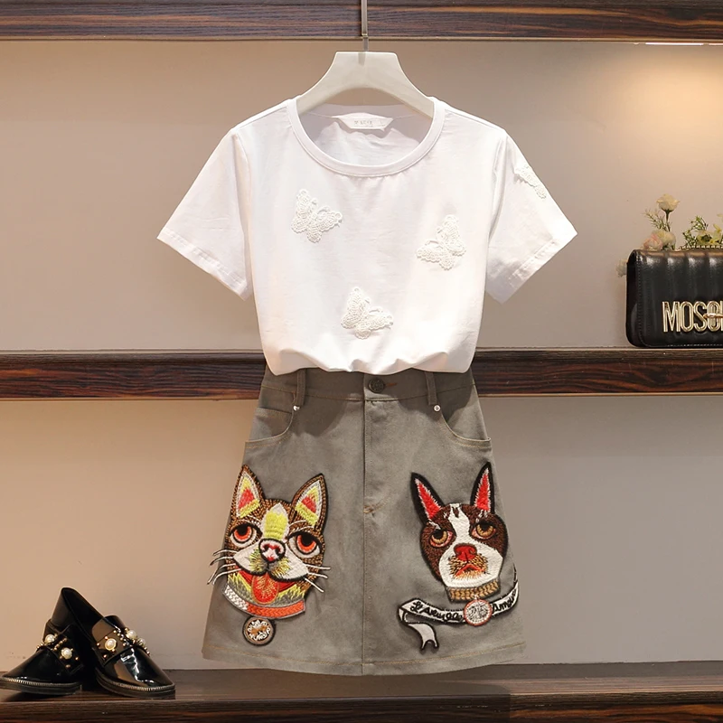 

2019 summer Women set Short Sleeve Butterfly Appliques Cotton T-shirts Top + Dog Cartoon Embroidery short Skirt suit 2 piece
