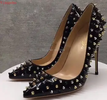 

New Fashion Women Pointed Toe Black Patent Leather Rivet Pumps Classical Style Rivet High Heels 10cm 12cm Thin Heel Dress Shoes
