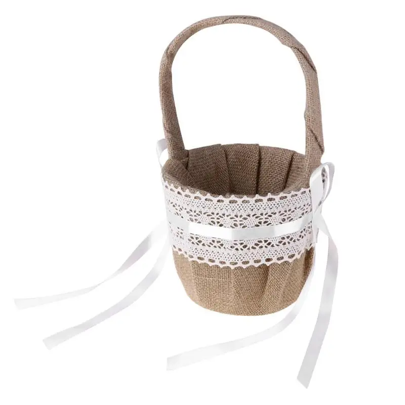BUY Handheld Wedding Flower Basket Retro Jute Burlap Lace Girls Bride Flower Basket for Wedding Ceremony Party Hanging Basket