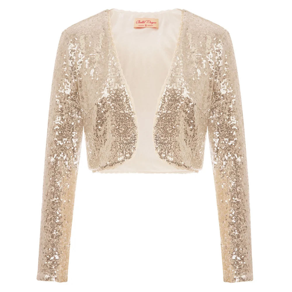 

luxury slim jacket for Women Shining Sequined Long Sleeve Cropped Length tops Open stitch party solid color coat Bolero Shrug