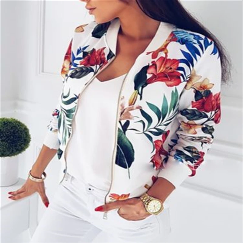 

Women Jacket 2019 Fashion Ladies Retro Floral Zipper Up Bomber Jacket Casual Coat Autumn Spring Print Outwear Coat Women Clothes