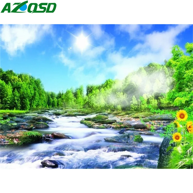 

AZQSD Full Square Diamond Painting Scenery Sea Cross Stitch Needlework Handmade Diamond Embroidery Sunset Landscape Home Decor