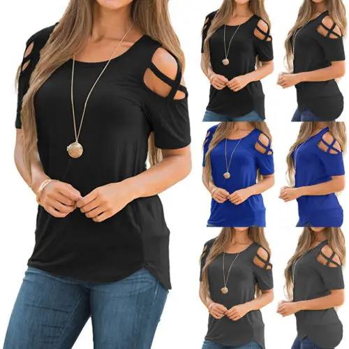 

New Fashion Womens Cold Shoulder T-Shirt Ladies Summer Casual Short Sleeve Tops