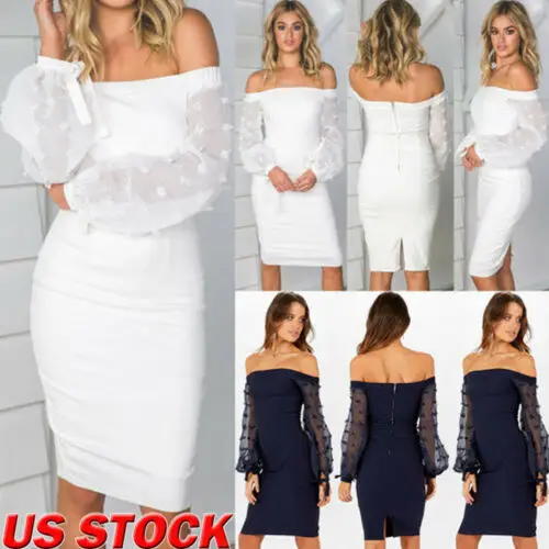 

2019 Women's Off Shoulder Long Sleeve Bodycon Evening CLUB Party Midi Dress