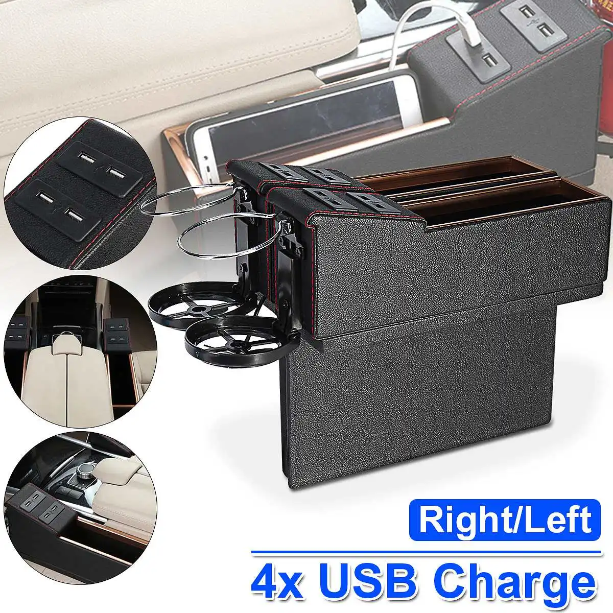 

Autoleader Universal PU Leather 4 USB Car Seat Crevice Storage Box Seat-Gap Catcher Storage Organizer Box Cup Holder Tidying