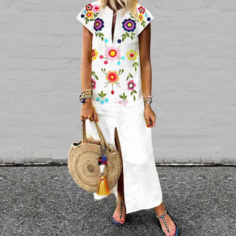 

2019 ZANZEA Summer Bohemian Floral Print Dress Women V Neck Short Sleeve Split Maxi Long Dresses Casual Vestido Plus Size