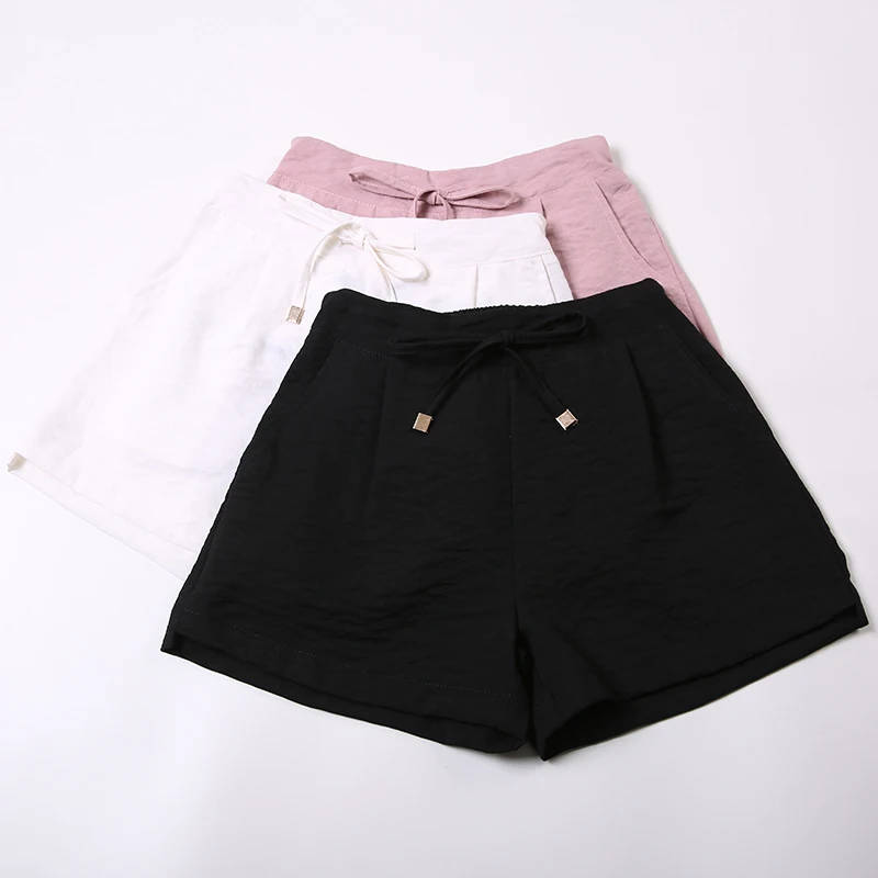 

Plus Size 2019 Cotton Linen Shorts Women Caual Loose High Waist Elastic White Black Pink Wide-legged Pocket Hot Shorts Summer