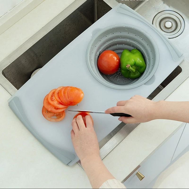 

3 In 1 Multi-Function Food Tray Sink Drain Basket Cutting Board Filter Chopping Blocks Meat Vegetable Fruit Basket Storage Cho
