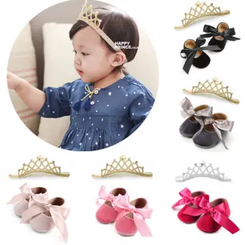 

Toddler Baby Girl Princess Bowknot First Walker Shoes + Crown Headband 2Pcs Set Kids Soft Sole Anti-Slip Shoes Mocassins