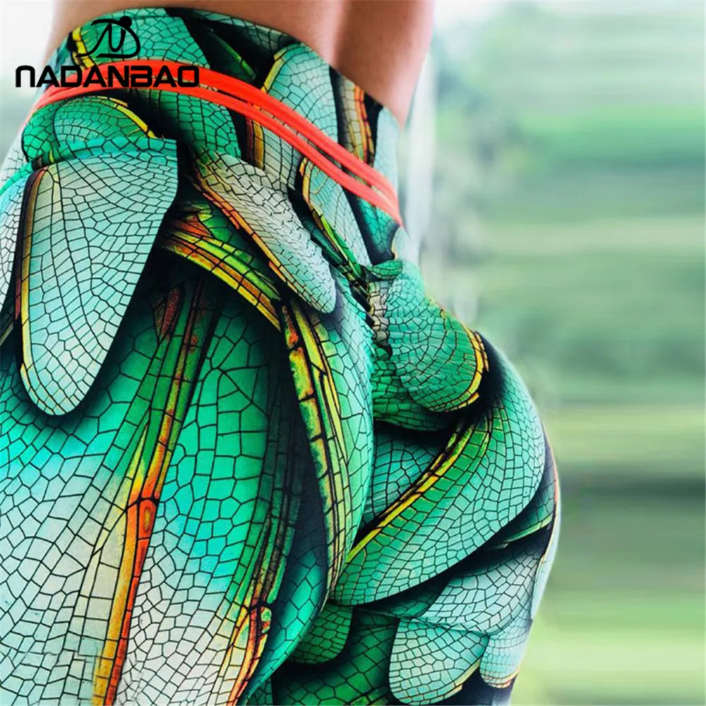 NADANBAO 2019 الصيف الرياضية يغطي الرجل المرأة الأخضر أجنحة طباعة عالية الخصر اللياقة البدنية طماق تجريب Leggin لفتاة زائد حجم