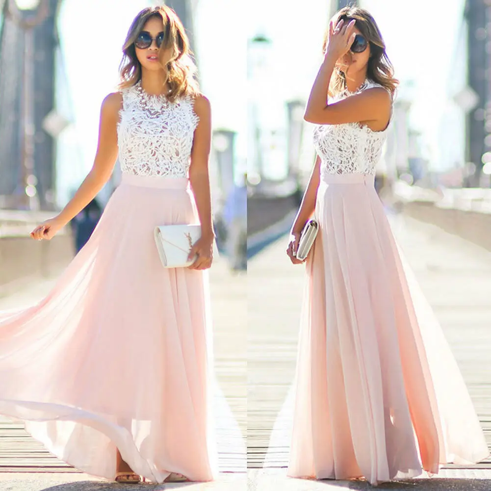 

2019 New Style Fashion Hot Women Formal Lace Long Dress Prom Party Attire Patchwork Sleeveless Formal
