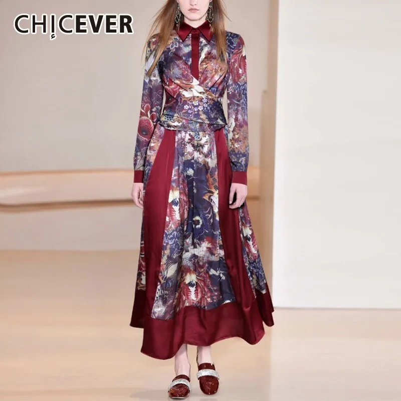 

CHICEVER Spring Vintage Laepl Print Cross High Waist Long Sleeve Patchwork Women Party Dress Slim A-line Mid-calf 2019 New