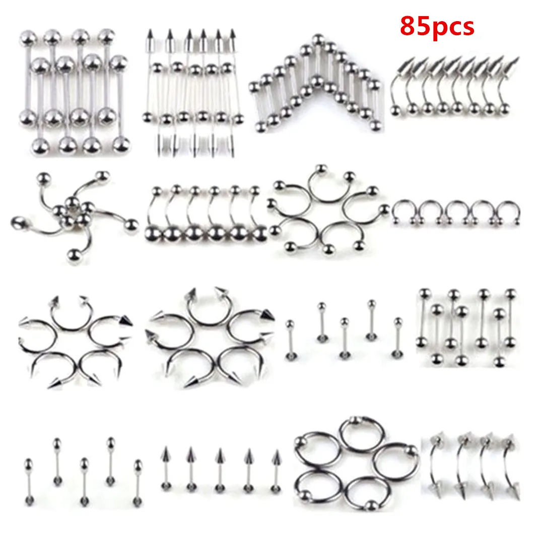 

Shellhard 85pcs/lot Mix Multi Function Stainlee Steel Piercing Jewelry Fashion Nose Ring Lip Tongue Eyebrow Navel Belly Piercing
