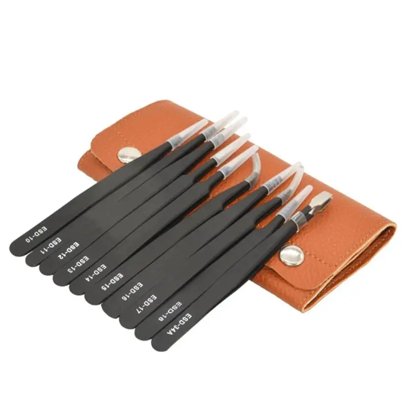 

10pcs/set Tweezers Anti-static Stainless Steel Straight Elbow ESD Electronic Tweezers with Leather Case Repair Tools