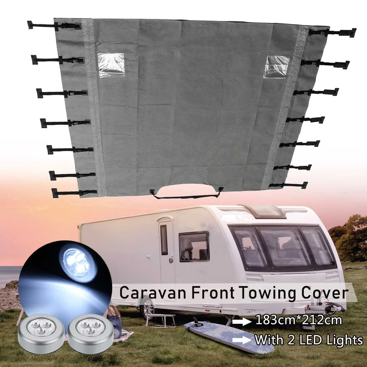 

Universal Caravan Front Towing Cover Waterproof Dustproof with LED Lights for RV Motorhome