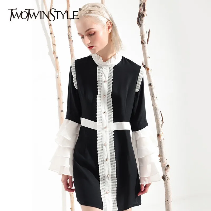 

TWOTWINSTYLE Patchwork Hit Colors Women's Dresses Ruffles Flare Sleeve High Waist Mini Shirt Dress Female Vintage Autumn 2019