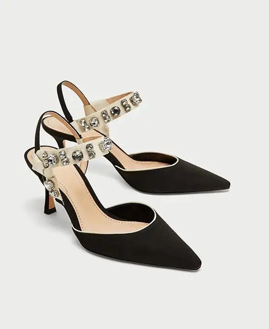 

2019 Fashion Black Satin Women Pointy Toe Sandals Luxury Crystal Strap Ladies Slingback High Heels Female Sexy Party Shoes