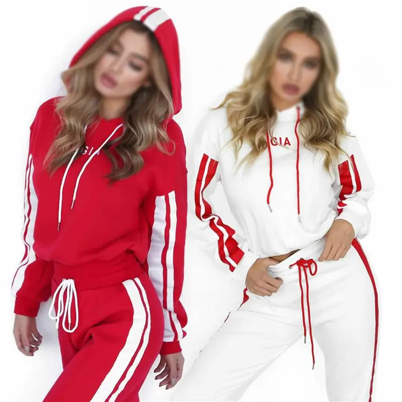 Color Stripe Short Belt Hoodie Casual Sport Suit Women Sweatshirt High Waist Pants Fashion Cotton Sports Suit Sets White Red Color Stripe Short Belt Hoodie Casual Sport Suit Women Sweatshirt High Waist Pants Fashion Cotton Sports Suit Sets White Red