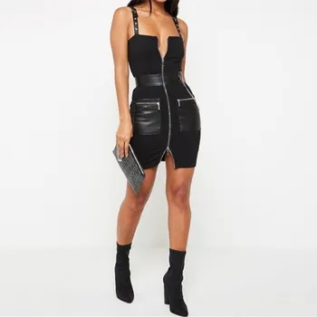 

Fashion Women Pu Leather Patchwork Pockets Party Dress Sheath Zipper Chains Sleeveless Sexy Club Mini Dresses