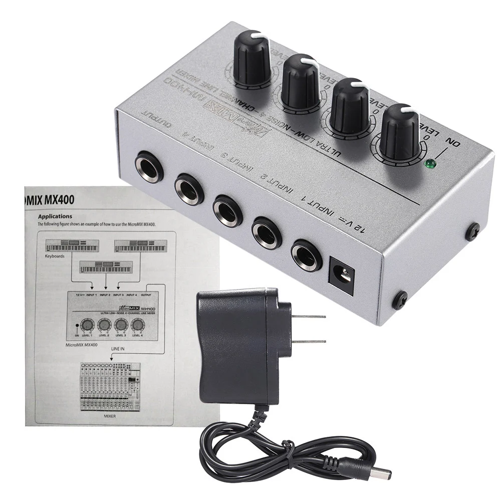 

MX400 Sound Mixer Ultra-compact Low Noise 4 Channels Line Mono Audio Mixer Metal Shell with Power Adapter