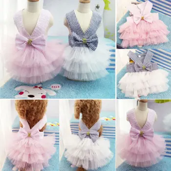 

US XS-XXL Pet Female Dog Bow Tie Princess Plaid Tutu Dress Skirt Cat Puppy Clothes
