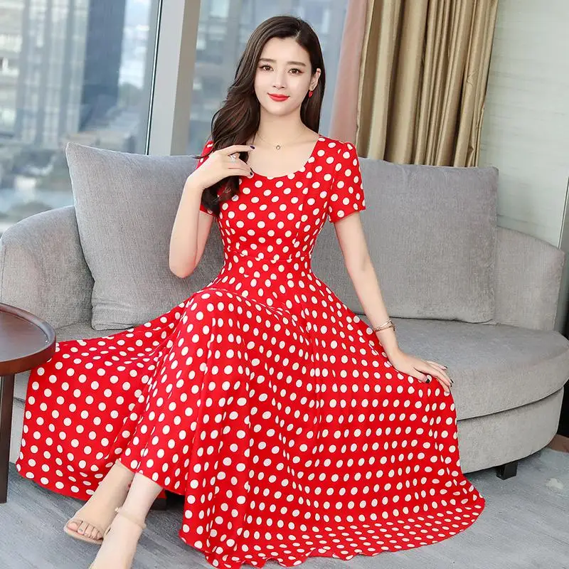 Red Polka Dot Vintage Dress New Summer Style Women Round Collar Long ...