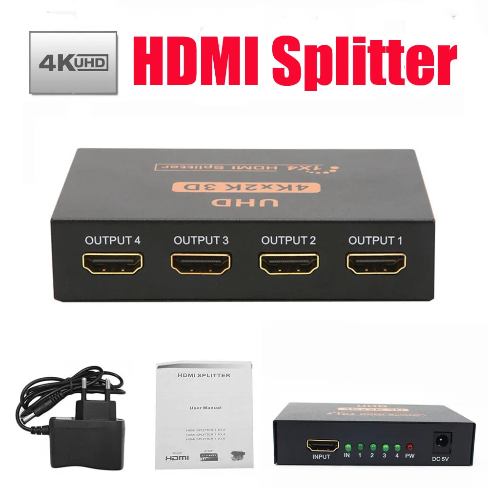 

4K UHD Video Splitter 1X4 Port 1080p 4K*2K Video HDMI Switch HDMI 1 Input 4 Output HUB Repeater Amplifier For HDTV DVD PS3 Xbox