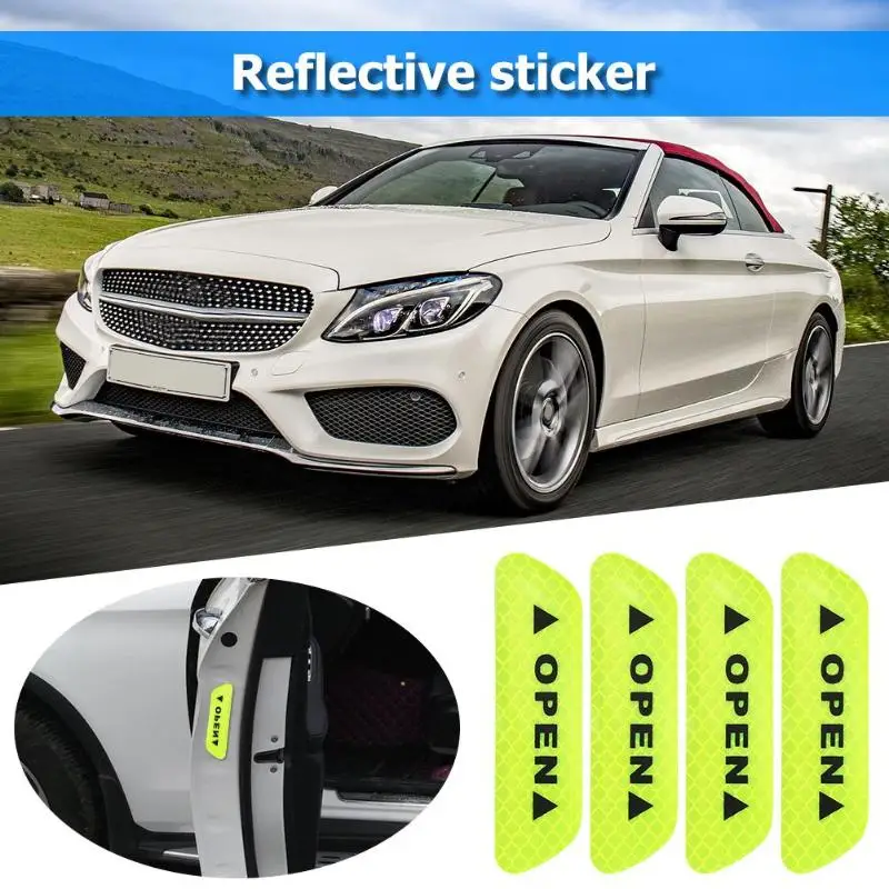 

4 Pcs Car Door Stickers Universal Safety Warning Mark OPEN High Reflective Tape Motorcycle Bike Helmet Sticker E5M1