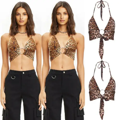 

Women's Casual Sexy Sleeveless Tank Top Crop Top Camisole Chest Wrapped Leopard Printed Halter Bra Camisole