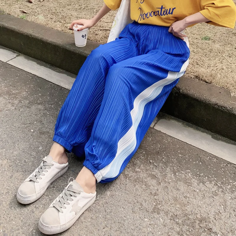 

#0439 Summer Chiffon Pleated Wide Leg Pants Women Side White Striped Loose Black Blue Purple Thin Harem Bloomers Trousers Ladies
