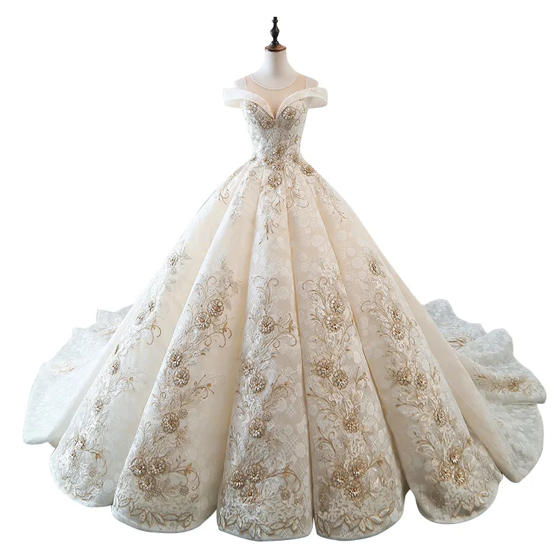 Popodion Off the Shoulder Wedding Dress Bride Luxury Long Trailing Court Dresses vestido de noiva N1029 | Свадьбы и торжества