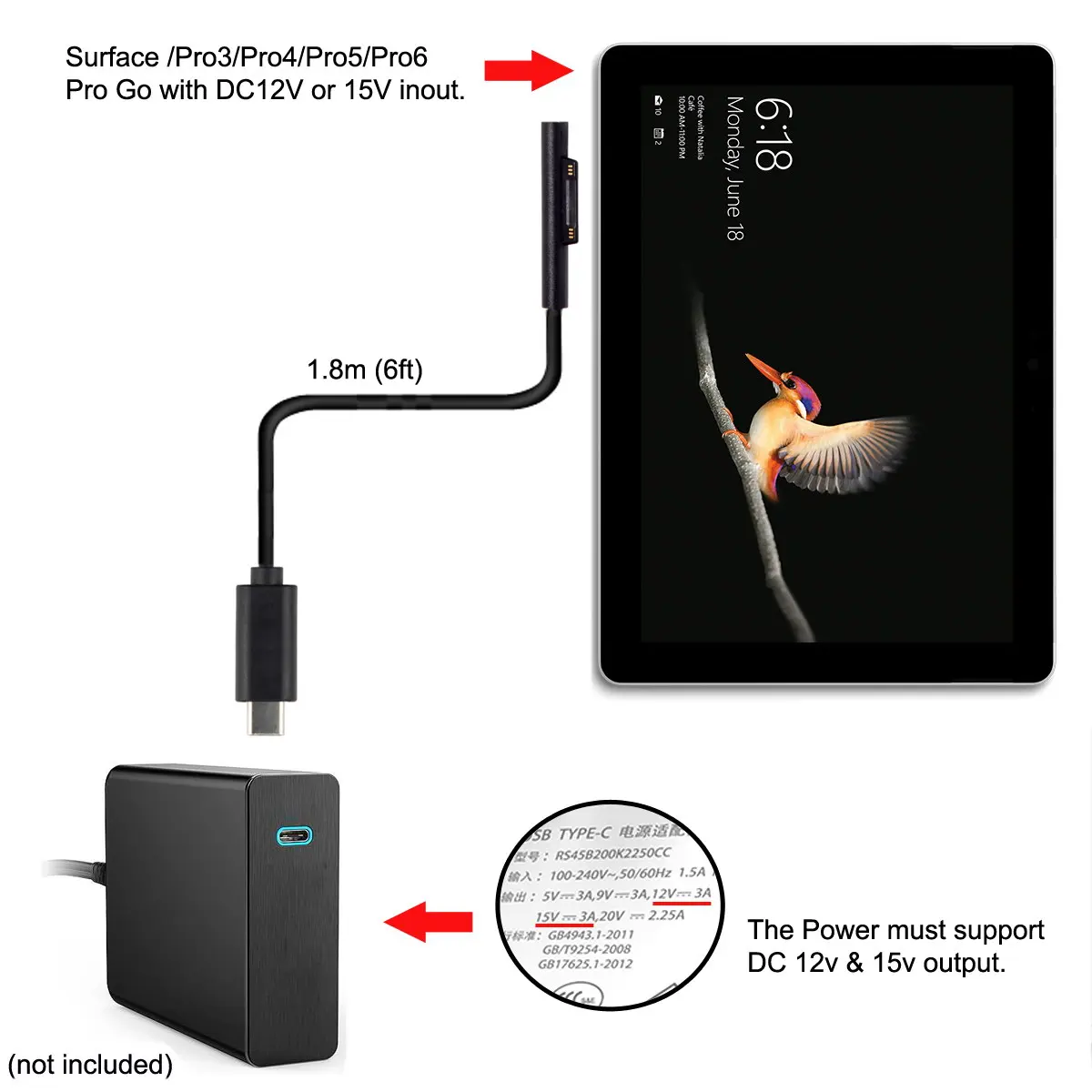 Книга заряженный Кабель 1 8 м 15v Usb c 3 Тип C 12 к поверхности Pro3 Pro4 Pro5 Pro6|Компьютерные