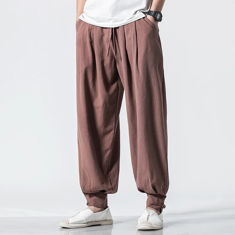 4602 новые брюки-кимоно мужские хлопковые льняные шаровары широкие брюки размера плюс 5XL свободные уличные джоггеры с эластичным поясом винтажные