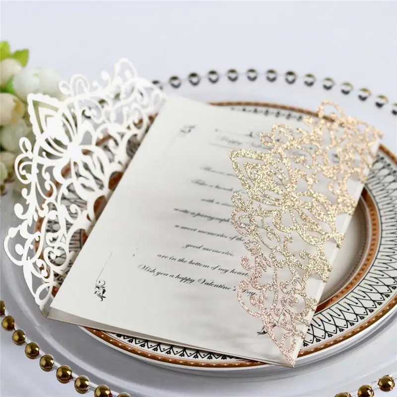  10PCS Bowknot Glitter Invitations European Style Laser Cut Wedding Invitations Holiday Greeting Car - 32988380266