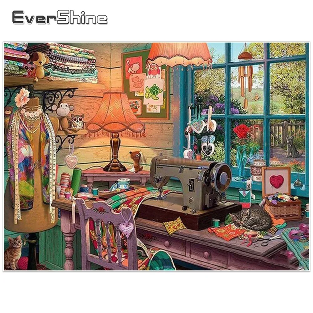 

EverShine Sewing Machine Painting With Diamonds Full Square Diamond Embroidery Scenery Cross Stitch Diamond Mosaic Home Decor