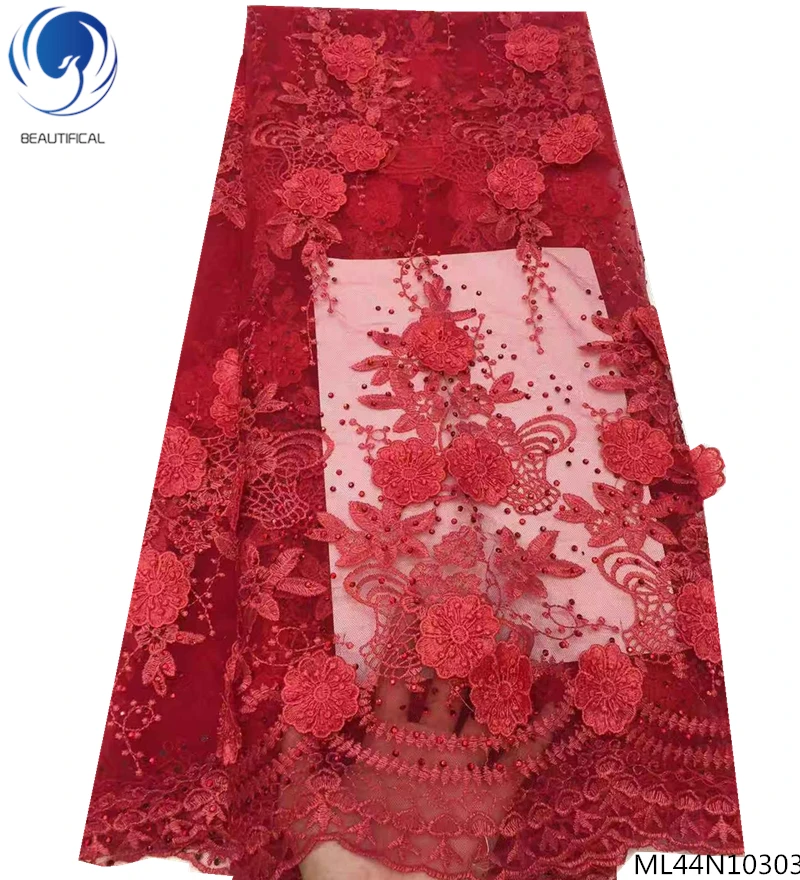 

BEAUTIFICAL french tulle lace fabrics 3d flower lace fabrics with rhinestones red african laces dress 5yards/lot ML44N103