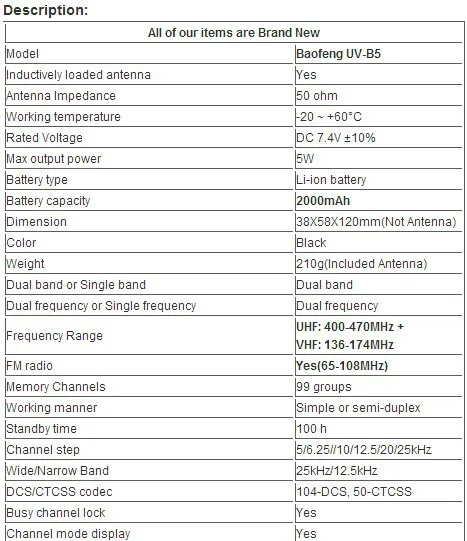 5 шт. Baofeng UV-B5 handy interphone UHF+ VHF двухдиапазонный 5 Вт 99CH