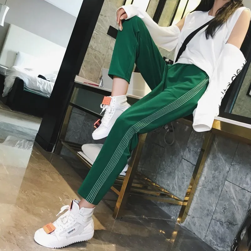 

Mooirue Streetwear High Waist Pants Women Fashion Striped Elastic Green Red Blue Black Straight Long Plus Size Trouser Bottoms